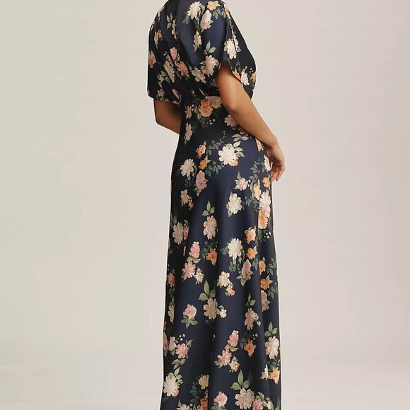 NWT BHLDN Leila Deep-V Flutter-Sleeve Satin A-Line Gown Navy/Martin Size 8 - Picture 3 of 7